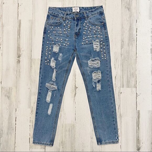 Midnight Muse Denim - Midnight Muse Pearl Embellished Distressed Jean